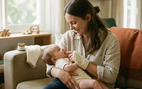 Mamma leker med sin bebis, som har en liten **torsk i munnen** (en leksak). De sitter i en soffa med en orange filt.