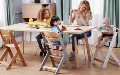 Familjen samlas kring bordet, barnen sitter i sina kinderkraft enock barnstolar och njuter av frukosten.