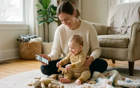 Mamma visar sin bebis en artikel om hur man kan få bort slem i halsen bebis. De leker med träleksaker på en matta.