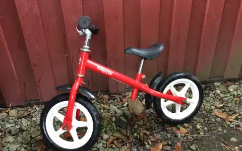 En röd stiga springcykel står lutad mot en röd trävägg. Den har vita fälgar och svarta däck.