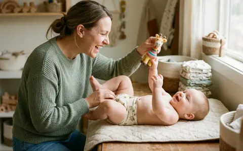Mother playing with her happy baby on a changing mat, holding a giraffe toy.