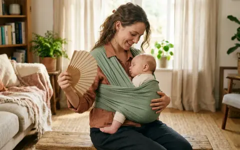 En mamma håller sitt sovande **koala baby** i en bärsjal. Hon viftar med en solfjäder.