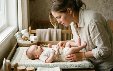 Mamma byter blöja på sitt bebis. Den lilla bebis harklar sig och tittar upp på sin mamma.