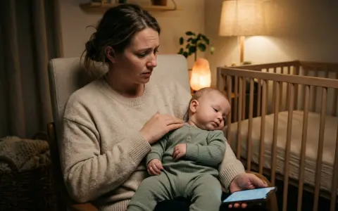 En orolig mamma håller sitt barn som vrider huvudet fram och tillbaka. Bredvid dem står en spjälsäng i ett svagt upplyst rum.