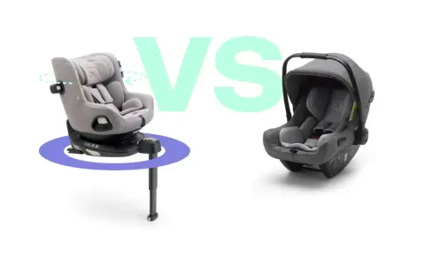Två bilbarnstolar visas, en roterande och en babyskydd. Jämförelse mellan Nuna Turtle Air och en annan modell.
