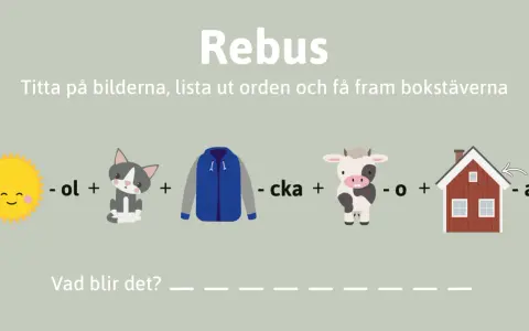 Rolig rebus för barn: sol (-ol) + katt + jacka (-cka) + ko (-o) + hus (-ak) = sockar.