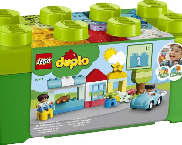 LEGO Duplo 10913 låda med byggklossar och figurer som leker i en stadsmiljö.