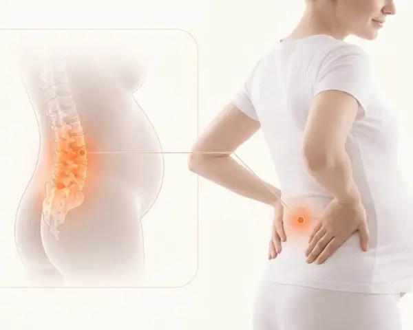 Gravid kvinna med ryggsmärta, illustrerad med en ryggrad som visar smärtpunkter. Tidig graviditet kan ge frossa och ryggbesvär.