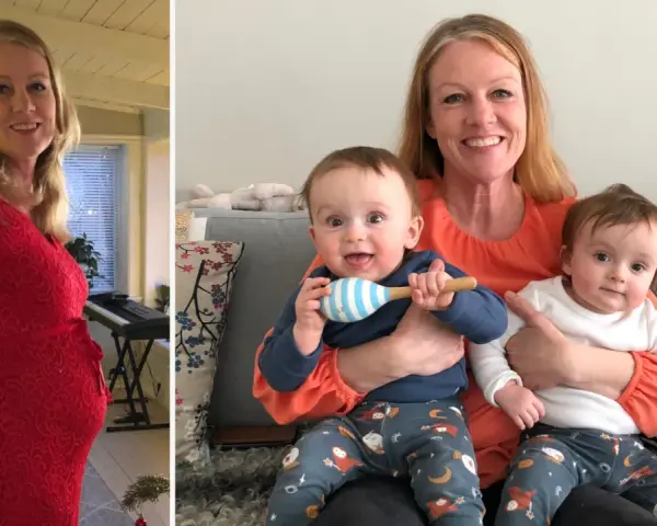 Glad mamma tvillingar! En bild visar gravid mage i röd klänning, den andra visar mamma med sina två bebisar.