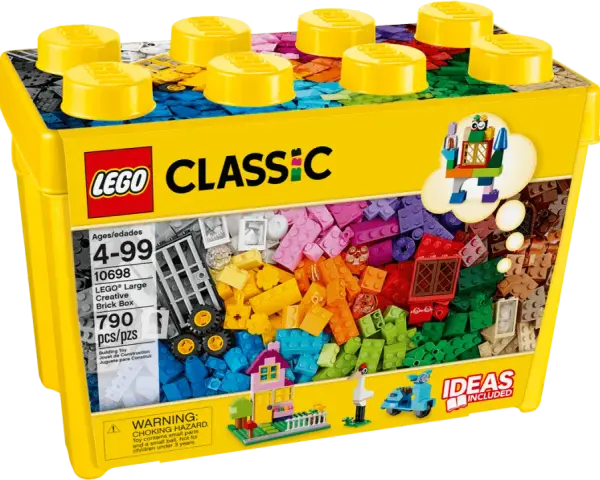 En gul lego fantasiklosslåda med 790 delar, full av färgglada klossar för oändliga byggmöjligheter.