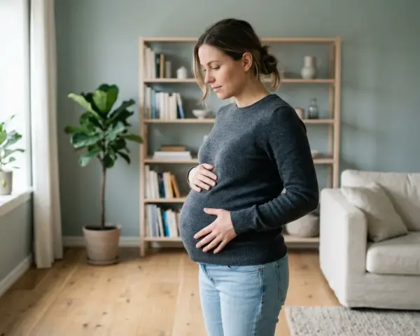 Gravid kvinna med händerna på magen, kanske känner hon av mycket sammandragningar. Hon står i ett ljust rum med en soffa och bokhylla i bakgrunden.
