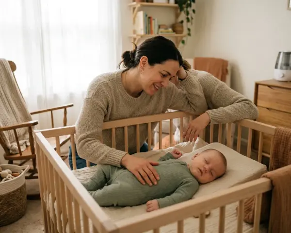 Mamma tittar kärleksfullt på sin snorig bebis som sover i spjälsängen.