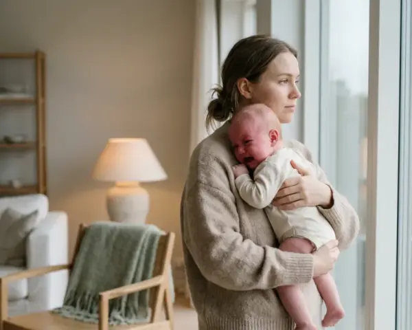 En mamma tröstar sitt kolikbarn vid fönstret.