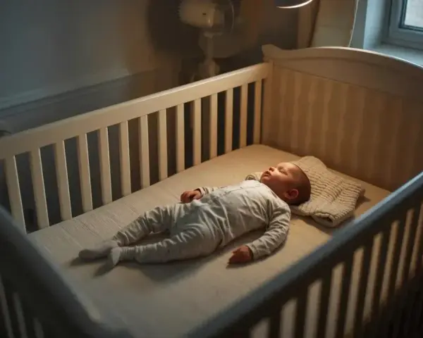 Sover gott i spjälsängen, en liten bebis svettas lite i värmen.