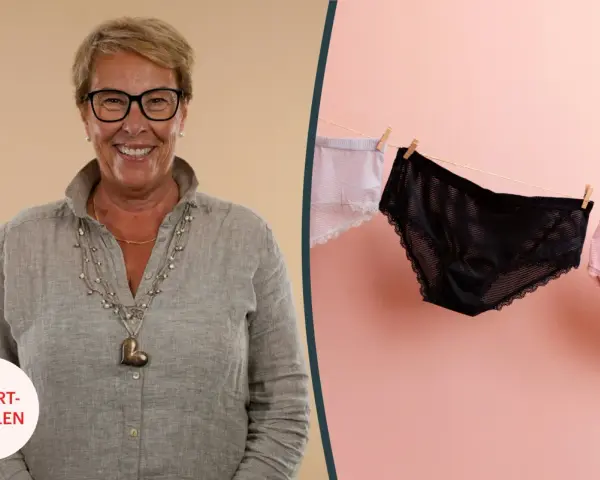 En kvinna ler, bredvid trosor som hänger på en lina. Kan brunt blod vara ett tecken på att man inte är gravid?