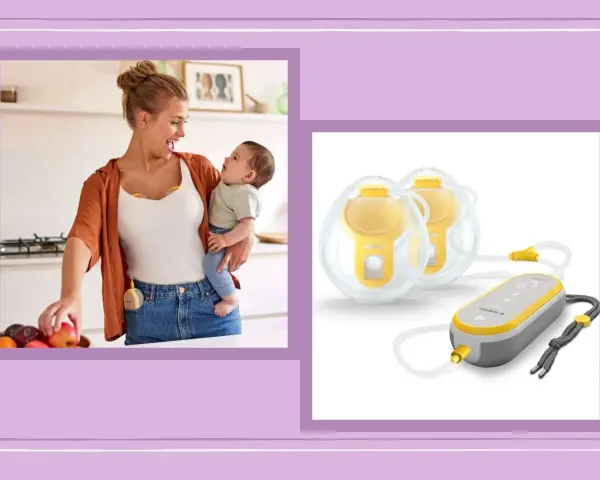 En mamma med sitt barn i famnen, och bredvid en elektrisk bröstpump från Medela.