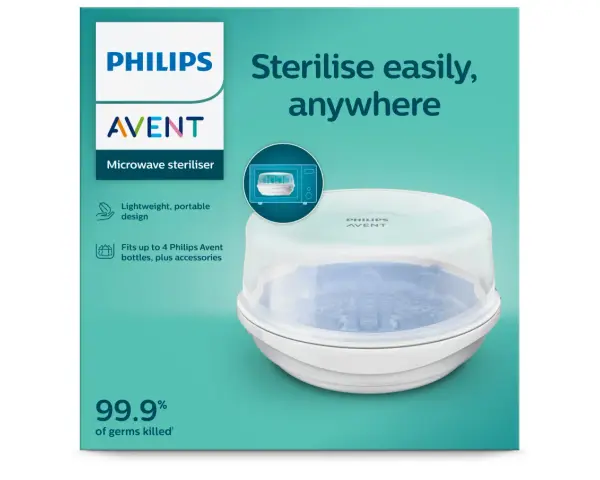 Philips Avent sterilisator för mikrovågsugn. Lätt och portabel, steriliserar upp till 4 flaskor och tillbehör, dödar 99,9% av bakterier.
