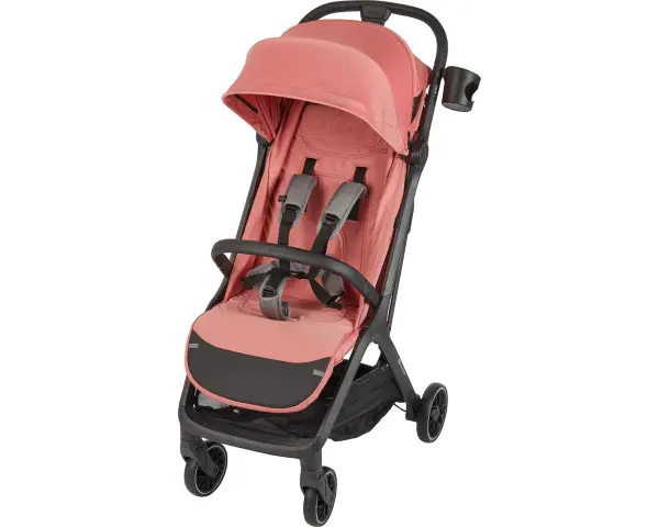 En rosa Kinderkraft sulky med fempunktssele och sufflett. Perfekt för promenader med barnet.