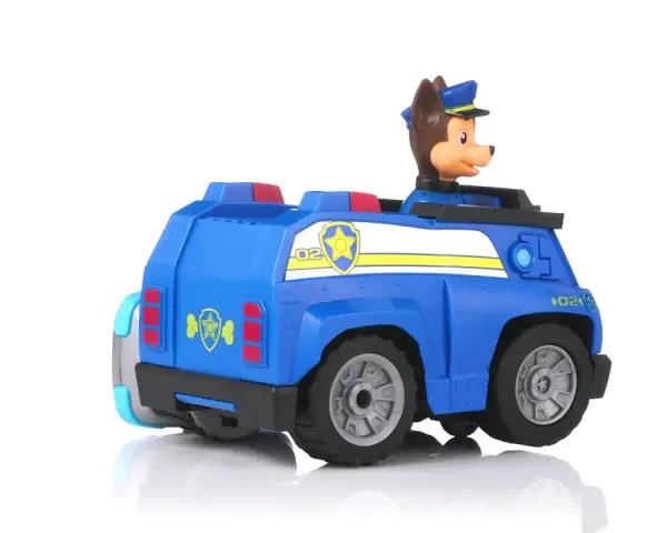 En blå Paw Patrol gåbil med Chase redo för äventyr.
