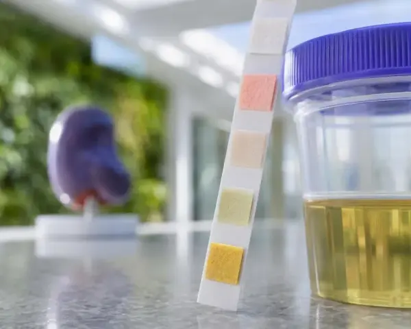 Urinprov med teststicka och mugg. En modell av en njure syns i bakgrunden, relevant för att undersöka protein i urin gravid.