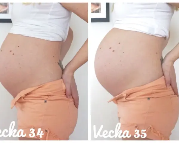 Gravid vecka 34 jämfört med vecka 35. En tydlig tillväxt av magen under familjelivet.