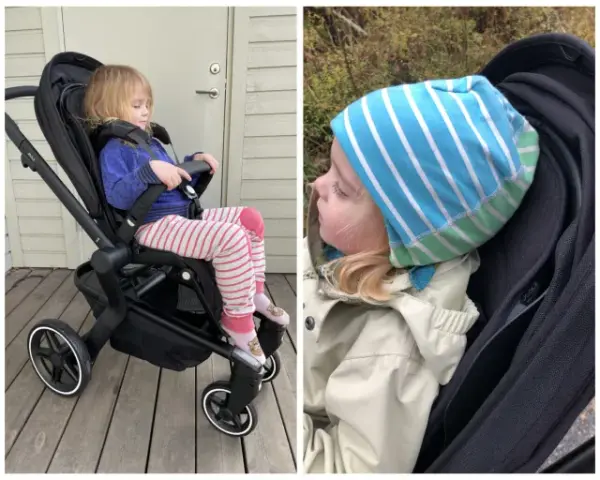 Barn i barnvagnens sittdel. Enkla byten till sittdel gör vardagen smidigare.