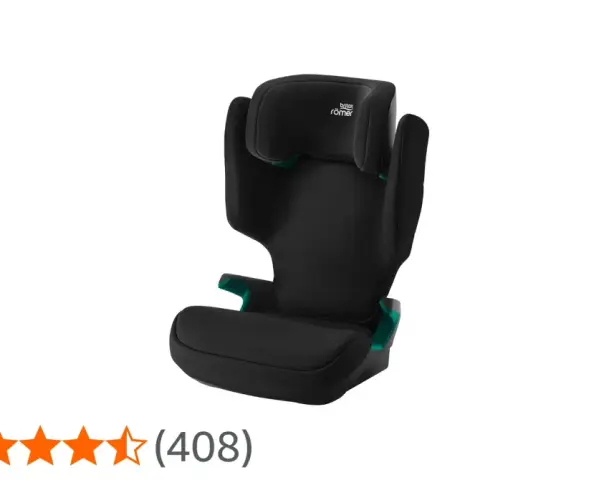 Svart Britax Römer bältesstol med justerbart nackstöd och gröna detaljer. En trygg och bekväm lösning för barnet på bilresan.