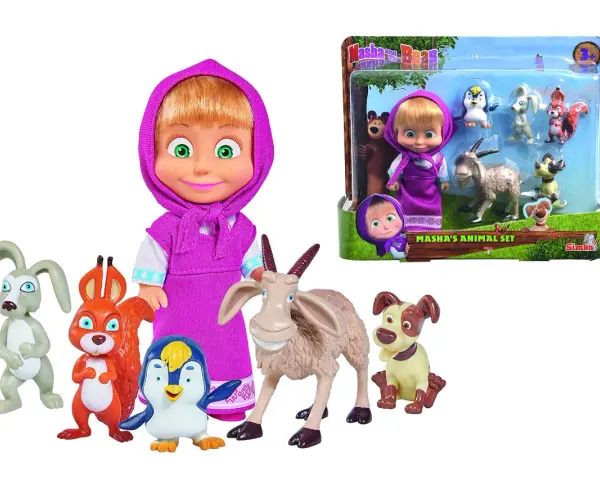 Masha och björnen leksaker med Masha-docka och djurfigurer som en get, hund, pingvin, ekorre och kanin.