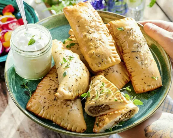 En tallrik med gyllene piroger, perfekta som mellis för en 1-åring. Serveras med en klick krämig dipp och färska örter.
