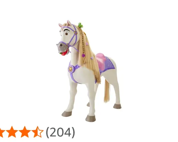 En vit leksakshäst med lila sadel och flätor, inspirerad av disney hästar. En rolig följeslagare för fantasifulla äventyr.