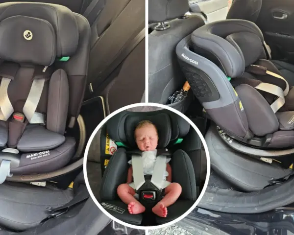 Maxi Cosi Emerald bilbarnstol i en bil, med en nyfödd bebis i en av bilderna. Säkerhet för de minsta.