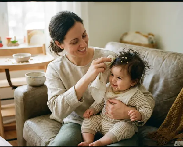 Glad mamma torkar gröt ur håret på sitt leende bebis. Det ser ut som att bebis tappar hår, men det är bara gröt som fastnat i lockarna.
