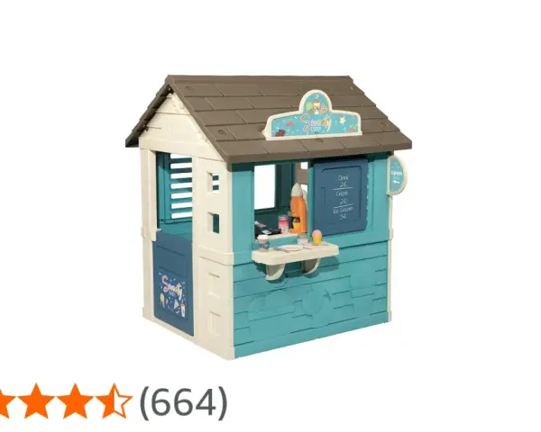 En Smoby lekstuga som ser ut som en glasskiosk med en meny och leksaksmat.