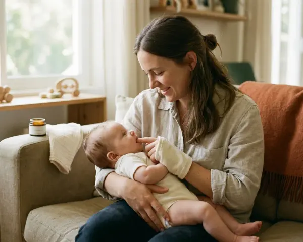 Mamma leker med sin bebis, som har en liten **torsk i munnen** (en leksak). De sitter i en soffa med en orange filt.