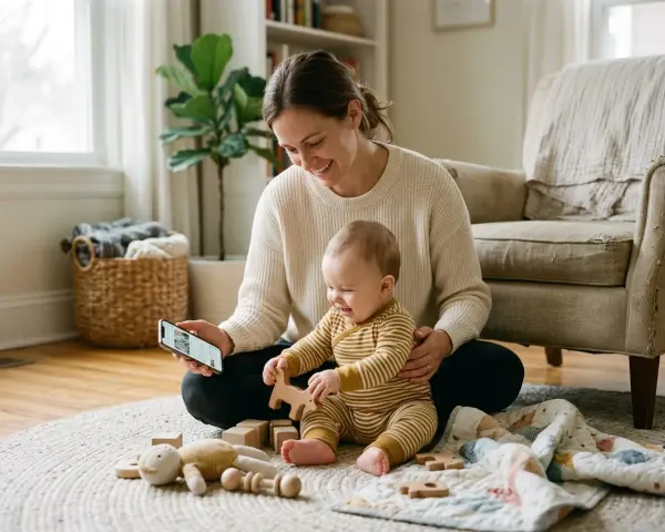 Mamma visar sin bebis en artikel om hur man kan få bort slem i halsen bebis. De leker med träleksaker på en matta.