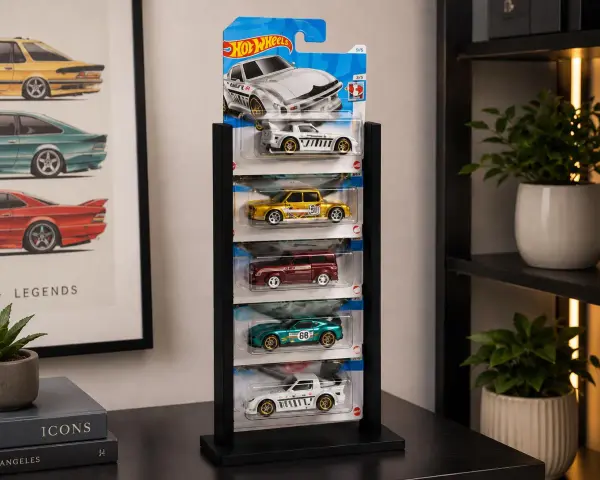 Snygg hot wheels förvaring med fem bilar i sina originalförpackningar. En vit sportbil, en gul sedan, en röd kombi, en grön sportbil och en vit racerbil.