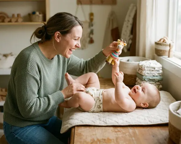 Mother playing with her happy baby on a changing mat, holding a giraffe toy.