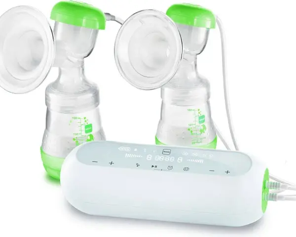Dubbel bröstpump med Medela Freestyle-enhet. Grön och vit design.