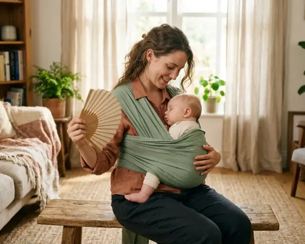 En mamma håller sitt sovande **koala baby** i en bärsjal. Hon viftar med en solfjäder.