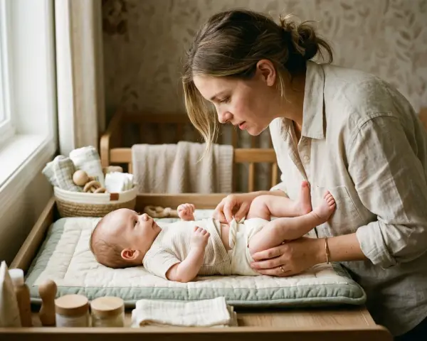Mamma byter blöja på sitt bebis. Den lilla bebis harklar sig och tittar upp på sin mamma.