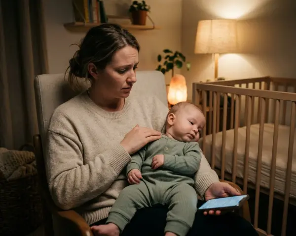En orolig mamma håller sitt barn som vrider huvudet fram och tillbaka. Bredvid dem står en spjälsäng i ett svagt upplyst rum.