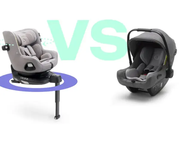 Två bilbarnstolar visas, en roterande och en babyskydd. Jämförelse mellan Nuna Turtle Air och en annan modell.