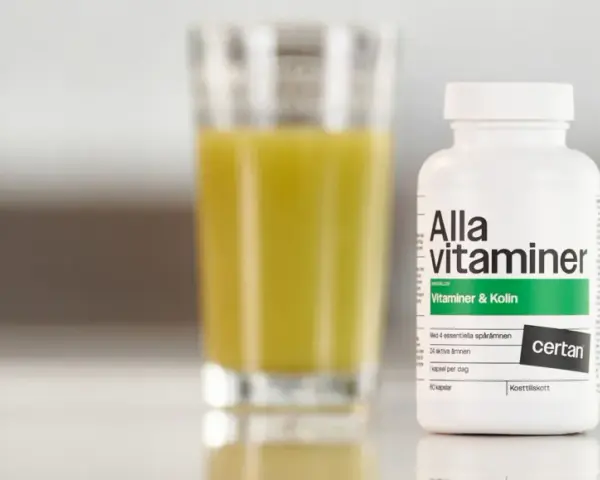 En flaska "Alla vitaminer" med texten "Vitaminer & Kolin" står bredvid ett glas med gul vätska. Perfekt för den som behöver extra vitaminer under graviditeten.