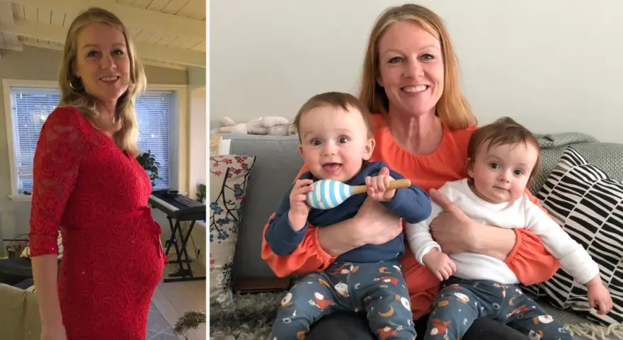 Glad mamma tvillingar! En bild visar gravid mage i röd klänning, den andra visar mamma med sina två bebisar.