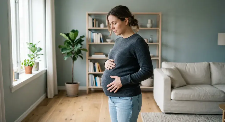 Gravid kvinna med händerna på magen, kanske känner hon av mycket sammandragningar. Hon står i ett ljust rum med en soffa och bokhylla i bakgrunden.