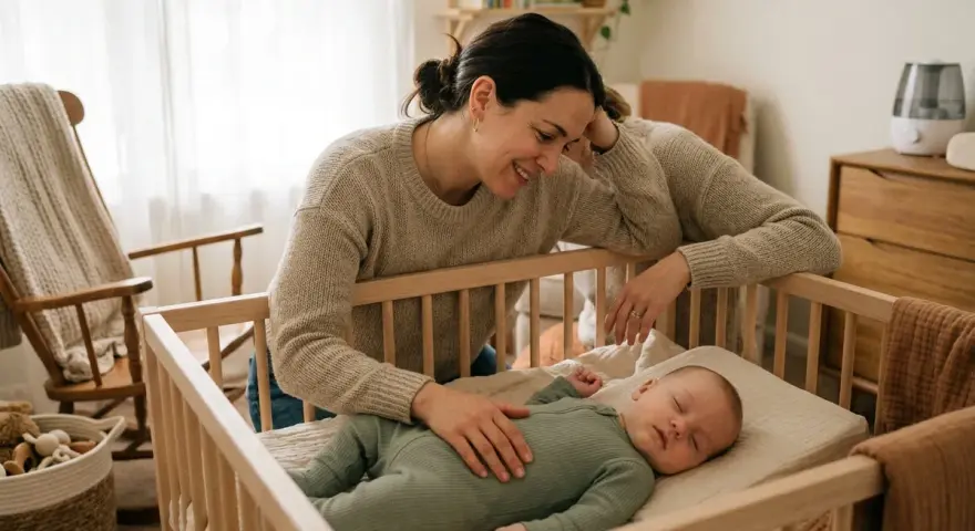 Mamma tittar kärleksfullt på sin snorig bebis som sover i spjälsängen.