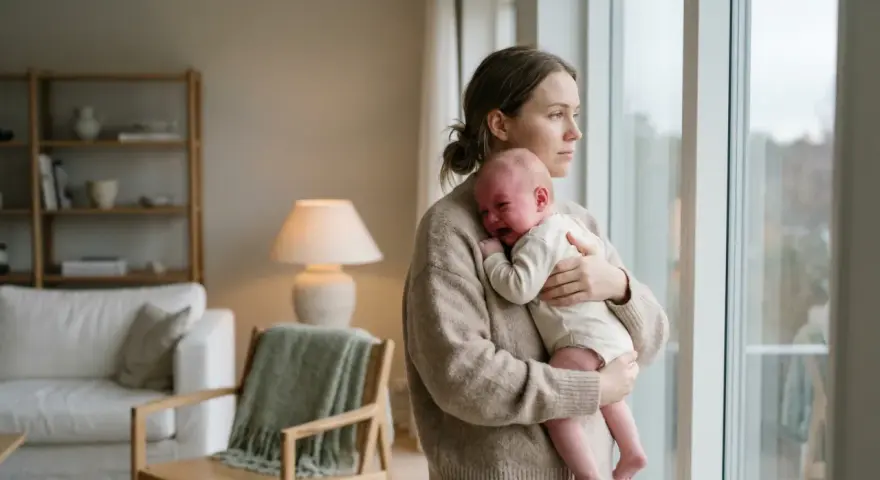 En mamma tröstar sitt kolikbarn vid fönstret.
