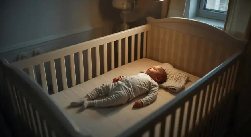 Sover gott i spjälsängen, en liten bebis svettas lite i värmen.
