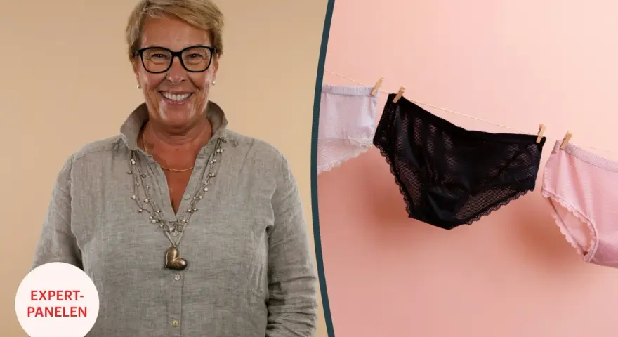 En kvinna ler, bredvid trosor som hänger på en lina. Kan brunt blod vara ett tecken på att man inte är gravid?