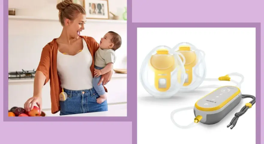 En mamma med sitt barn i famnen, och bredvid en elektrisk bröstpump från Medela.